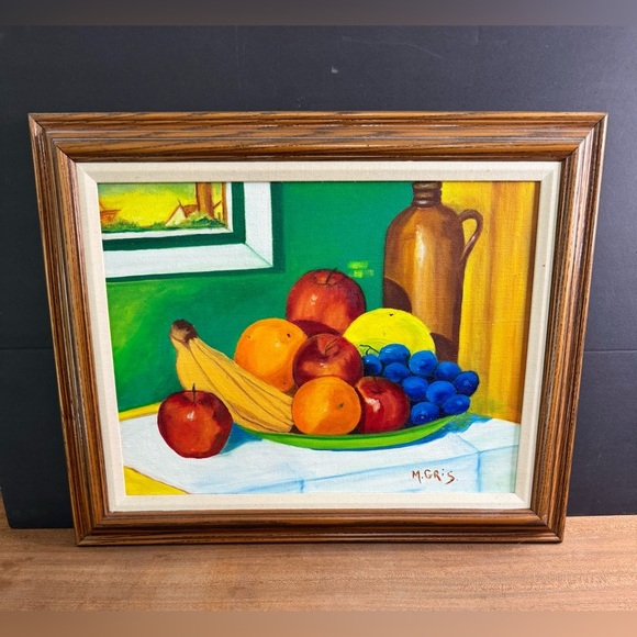 Stunning Vintage Still Life Oil Painting Fruits Vibrant Colours Oak Frame - Picture 1 of 5